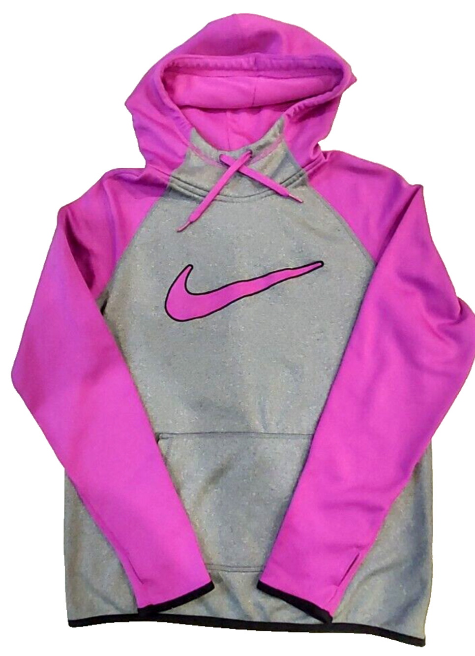 Nike Women's Hooded Sweatshirt Gray Hot Pink Swoosh Thumb Holes Size Small EUC